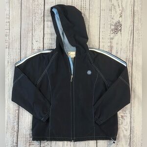 Green Tea Women’s windbreaker hood jacket Size Large Full Zip Navy & Sky Blue